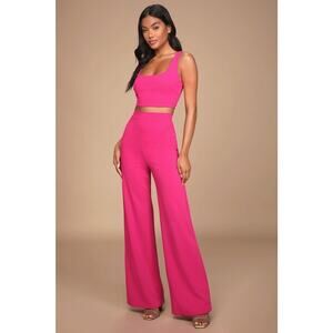 NWT Lulus Only Tonight Hot Pink Two-Piece Wide-Leg Jumpsuit 2PC Party Barbie M